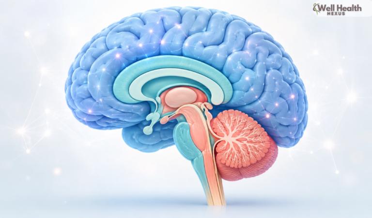 मानव Brain की संरचना दिखाने वाला चित्र जिसमें सेरेब्रम, सेरिबैलम और ब्रेनस्टेम को दर्शाया गया है